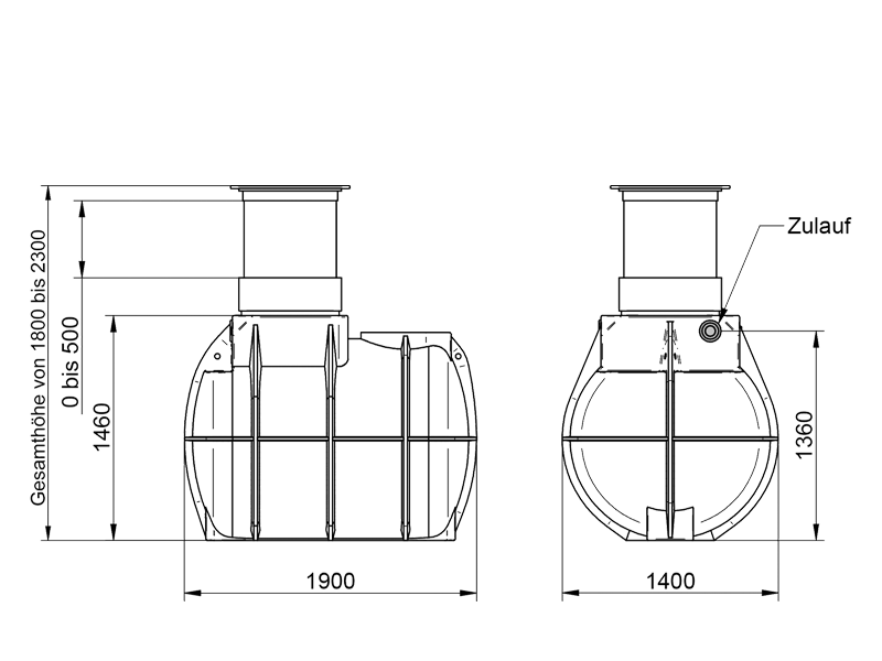 Maßzeichnung 2.200 Liter Abwasser Flachtank 